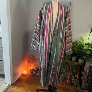 Vintage Quilted Ethnic Maxi Coat Robe Duster Fabulous Pink Green Stripes boho OS